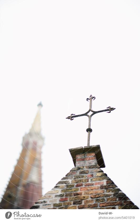Cross and steeple Church Crucifix Church spire Past Belief God Old Sky religion Symbols and metaphors Christian cross Catholicism Spirituality Hope