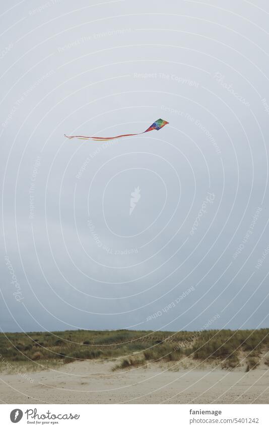 Fliegender Drache über Dünenlandschaft Wind Kinderspiel Spielzeug Zeitvertreib Unbeschwertheit Sturm Cadzand Strand Nordsee