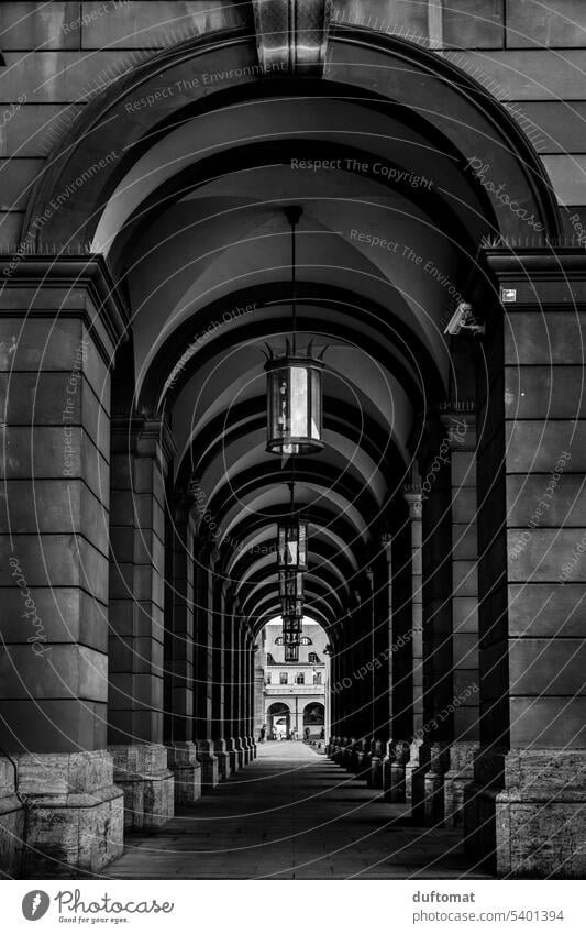 Central perspective passage in black and white Passage Hofgarten Black & white photo Exterior shot Wall (building) House (Residential Structure) Facade Building