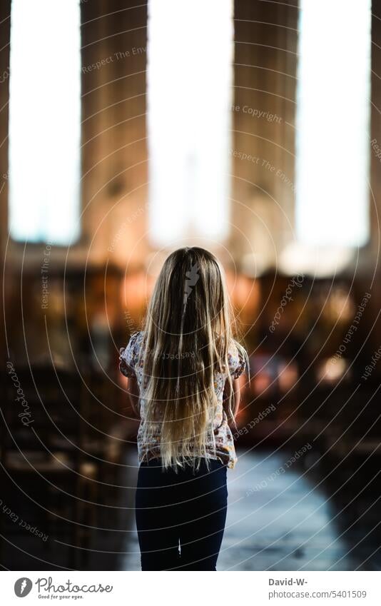 Child in church - faith in God Belief Church religion Parenting Girl pray Light Hope Grief Think thoughts Rear view