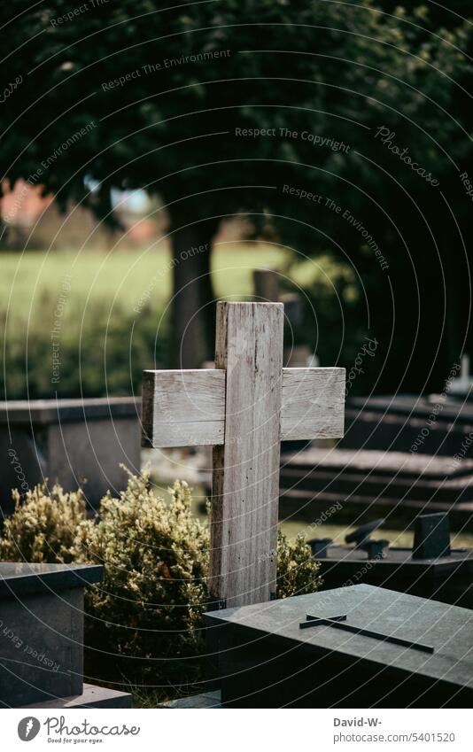 Cross in a cemetery Cemetery Crucifix Grave Grief Death commemoration Resting place Memory silent Transience Sadness Funeral somber Tombstone Pain Peace