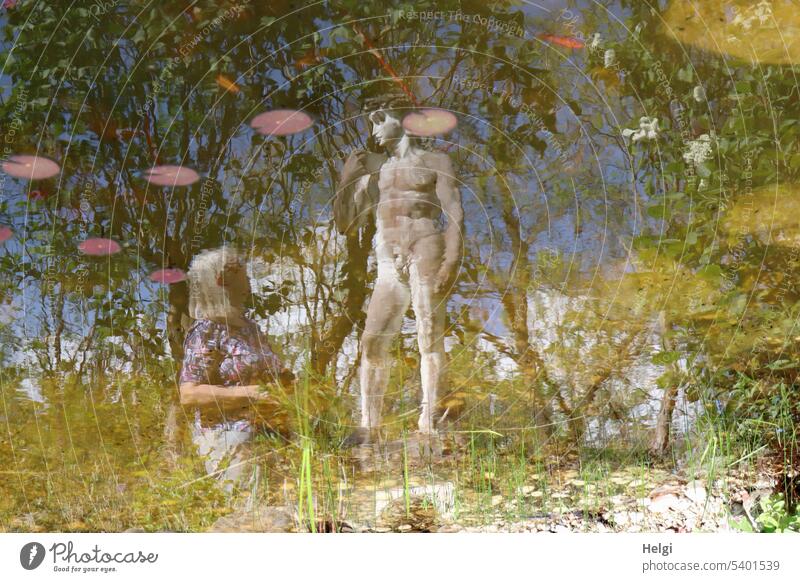 Mainfux-UT | the dream man ... Human being Woman feminine Statue Genital masculine Garden pond reflection surreal Water Tree shrub Plant Reflection Pond