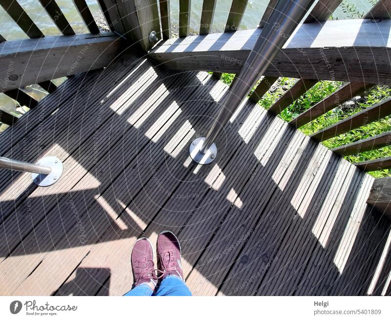 Light and shadow on a lookout tower Shadow Shadow play Pattern Tower Wood feet Footwear Lookout tower wooden struts Manmade structures Wood planks
