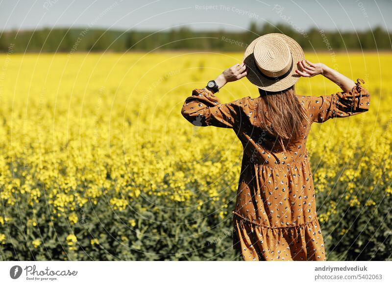 Rear view. beautiful young woman in a dress holding a hat and walking in a rapeseed field for summer, view from the back. copy space. summer holiday concept