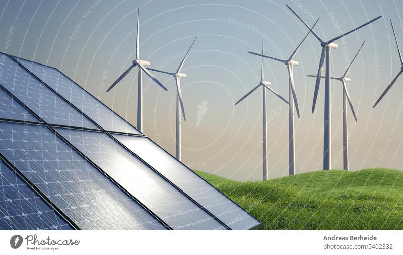 Wind turbine plant and solar panels at sunrise, 3d rendering, alternative energy production photovoltaic eco windpower concept equipment battery change friendly