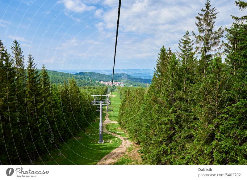 Mountains with open cable cars lift, Karpacz, Poland mountains active hike funicular hiking landscape travel panorama recreation aerial forest green summer