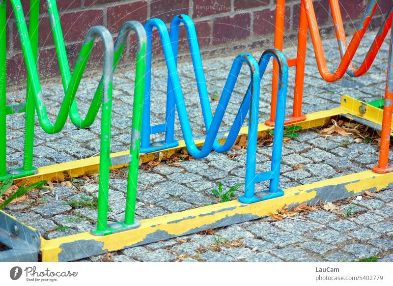 Rainbow - colorful bike racks Bicycle rack variegated colourful Multicoloured Parking Parking lot Cycling Wheel Mobility Means of transport Eco-friendly