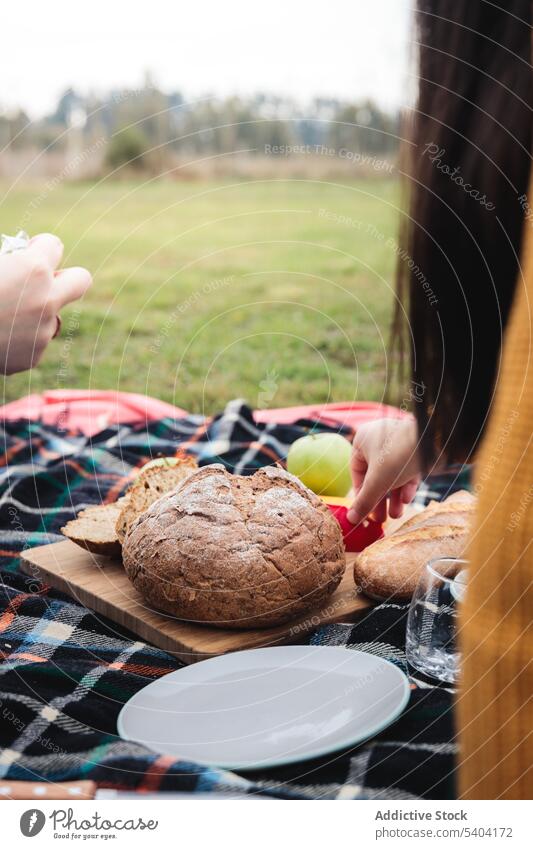 Anonymous people eating food on plaid on meadow picnic bread blanket lawn countryside spend time snack cloth fabric tasty weekend nutrition rustic