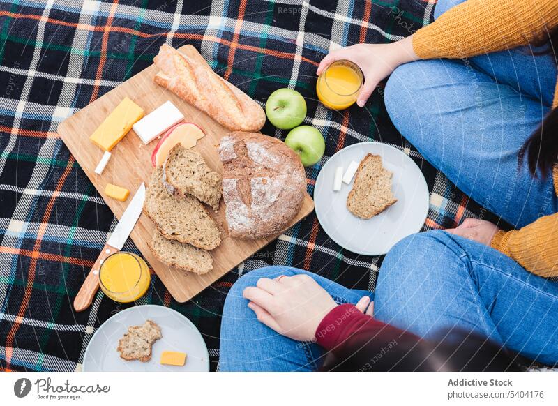 Unrecognizable friends having picnic drink orange juice cheese bread knife food plaid eat countryside blanket spend time fruit snack glass slice fabric tasty