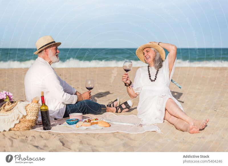 Senior couple enjoying picnic on beach scarf wineglass clink toast love happy relationship together romantic sea holiday affection drink senior elderly aged