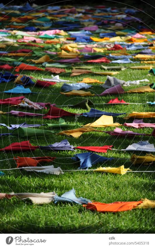 A colorful fabric garland from the summer festival dries in the sun on the lawn after the rain. Cloth Fabric garland Decoration Multicoloured Paper chain