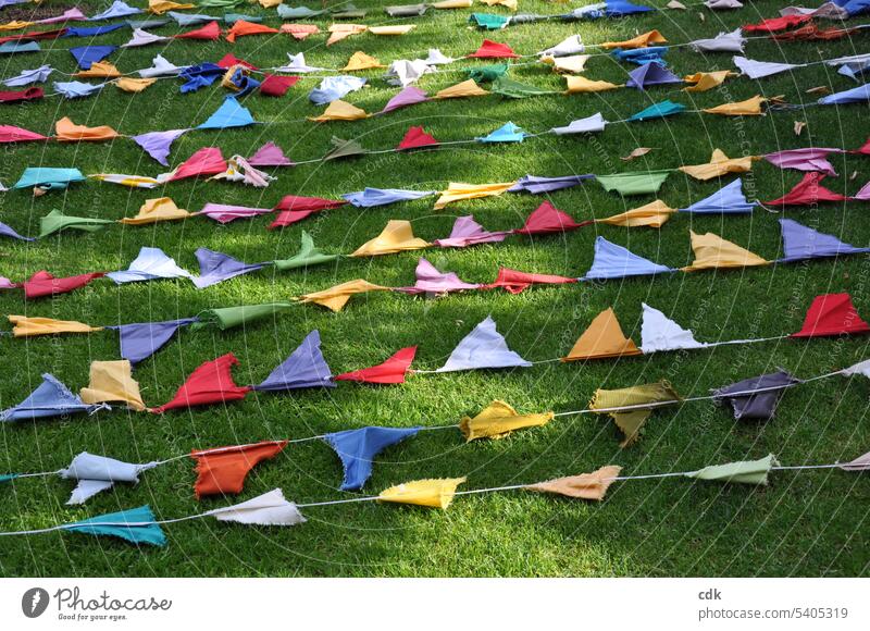 A long, colorful pennant garland from the summer festival dries in the sun on the lawn after the rain. Cloth Fabric garland Decoration Multicoloured Paper chain