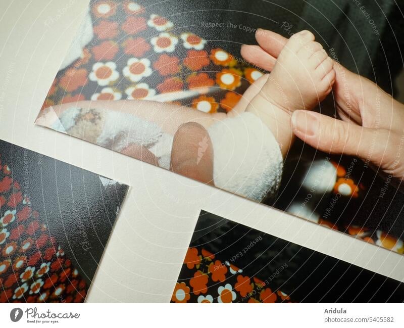 Photo album nostalgia | hand holding baby foot to camera Baby Feet Toes Barefoot Child photographed 80s Nostalgia Memory Cute Hand Mother 0 - 12 months