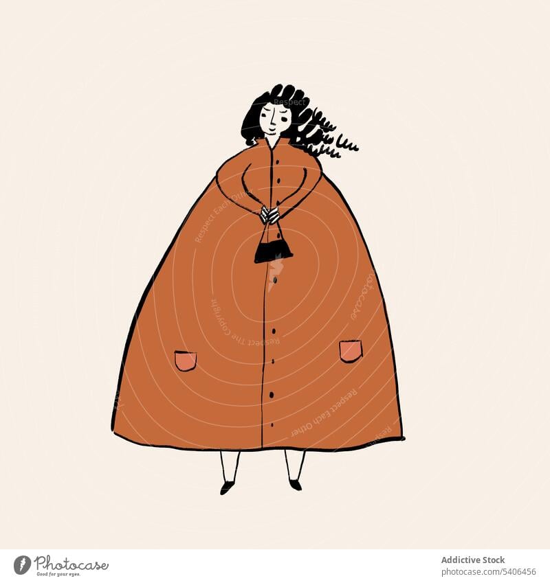 Vector image of cartoon woman in coat against white background style illustration vector design graphic template doodle element character hand drawn female