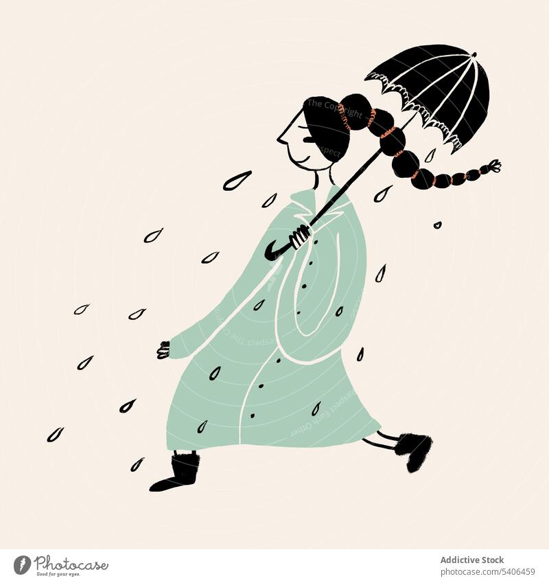Flat style illustration of lady with umbrella walking on rainy day woman vector design hand drawn weather autumn female young long hair coat brunette drop happy