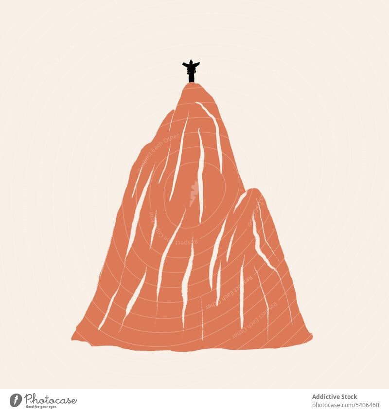 Flat style illustration of hiker standing on mountain top with outstretched arms person achieve traveler valley vector nature cartoon simple flat style