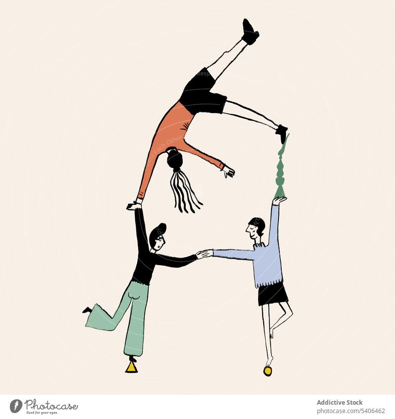Vector design of circus artists doing acrobatic trick people holding hands vector illustration activity balance character cartoon gymnastic young upside down