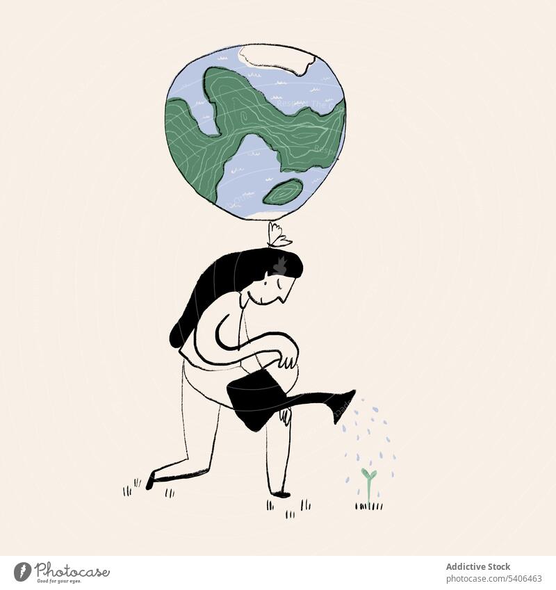 Vector image of woman taking care of small plant watering can globe earth environment ecology illustration concept sprout leaf planet geography female young