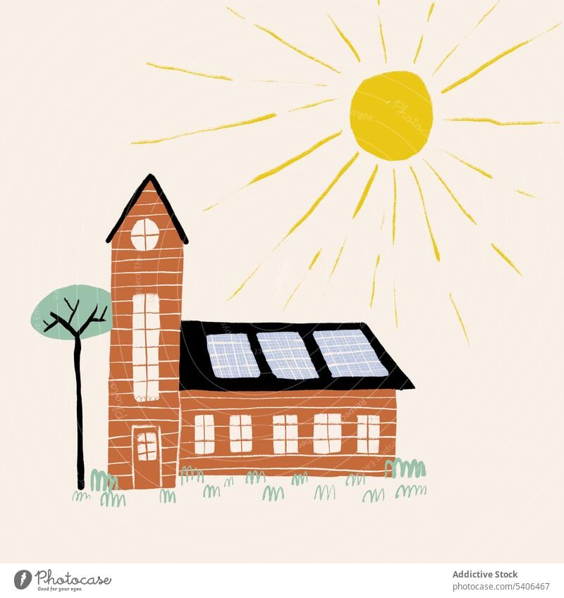 Hand drawn illustration of house with tree and sun against white background residential tower property hand drawn vector graphic art flat style exterior