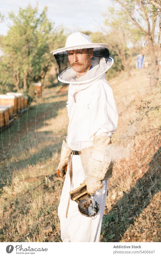 Male beekeeper with smoker working in apiary man tool agriculture protect professional check equipment uniform farm nature male countryside job occupation