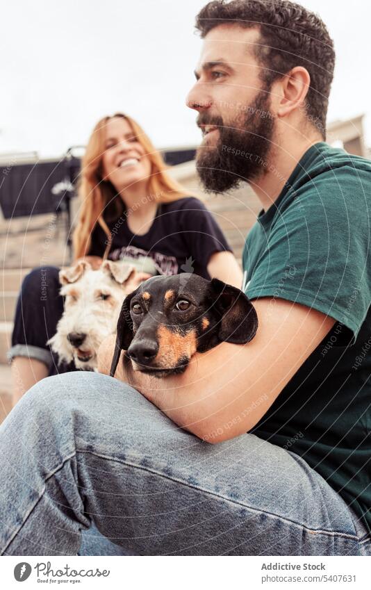 Happy couple sitting on staircase with dogs owner hug embrace spend time fox terrier dachshund pet smile young casual brunette beard animal step purebred friend