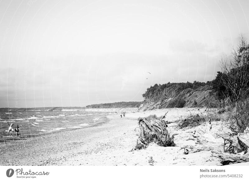 coast of the Baltic Sea with people, black and white baltic beach beauty blue calm cloud cloudy conservation dune flat grass green horizon idyll landscape