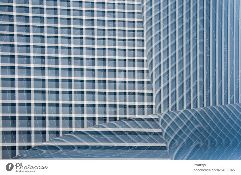 Reflection on metal Metal lines Double exposure Blue White Gray Irritation optical illusion Design Abstract Perspective Structures and shapes Illustration