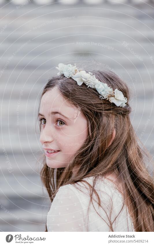 Charming girl with floral wreath on head smile dress portrait innocent pure charming teen white dress style flower elegant feminine glad attractive positive