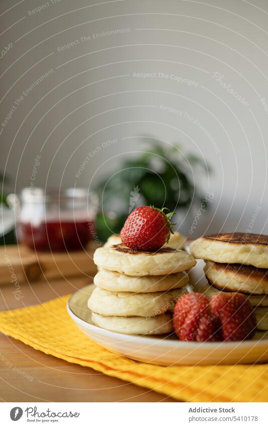 Delicious pancakes with strawberry on plate jam delicious dessert food sweet stack breakfast delectable palatable red appetizing bright kitchen fresh yummy
