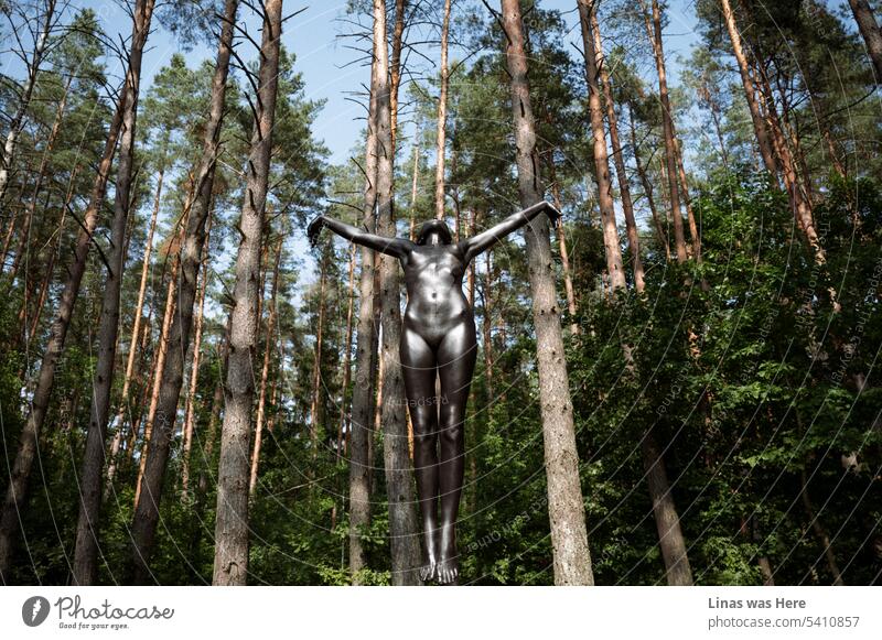 An odd view in these woods. A girl with her whole body painted in black is levitating in the air. Making a sculpture of herself. Something like from a different planet. Alien abduction.
