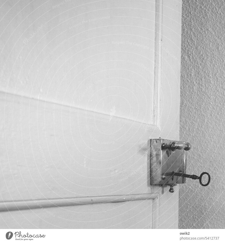 Access authorization door handle doorway Opening Entrance Wooden door Front door Close-up Door lock Old Simple Historic White Glittering Appealing Key
