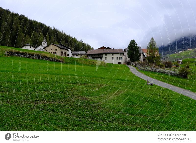 Bell Ursli idyll Sur En Ardez Film location Engadine Lower Engadine Hamlet Mountain village Village Building Alps Switzerland Landscape Nature Meadow
