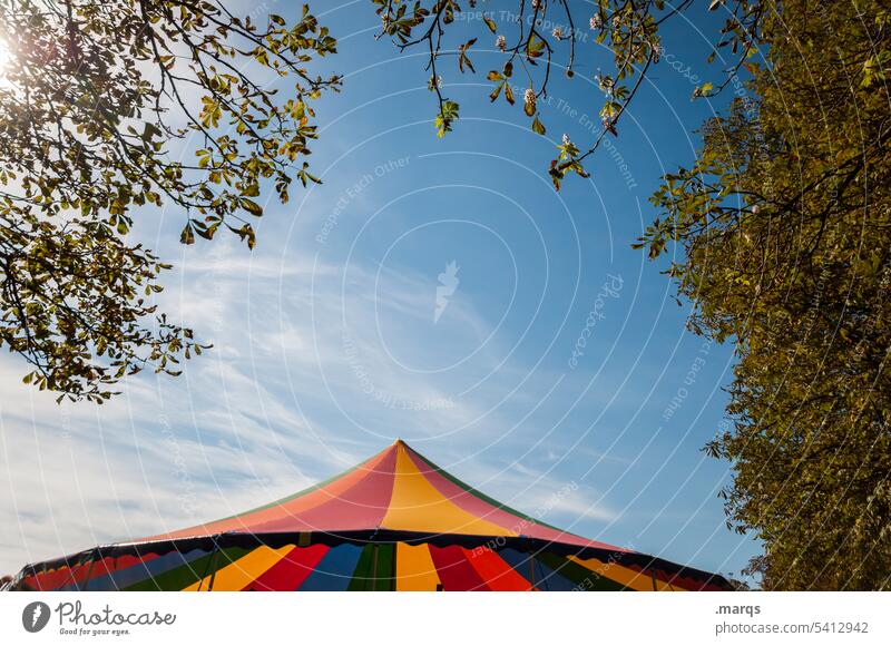 Colorful sun canopy Sun roof Sunshade Play tent variegated Round Summer Sky Beautiful weather Twigs and branches Circus tent Roof Playing Infancy Pavilion