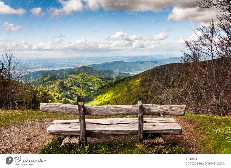 resting place Break Relaxation Bench Beautiful weather Landscape Nature Hiking Moody pretty Hill Horizon Sky Trip Tourism Vantage point Idyll To enjoy Plant
