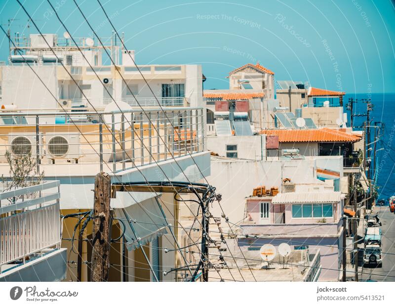 District on the Gulf of Mirabello city view Small Town outlook Agios Nikolaos Crete Greece Mediterranean cityscape Panorama (View) Authentic Sunlight