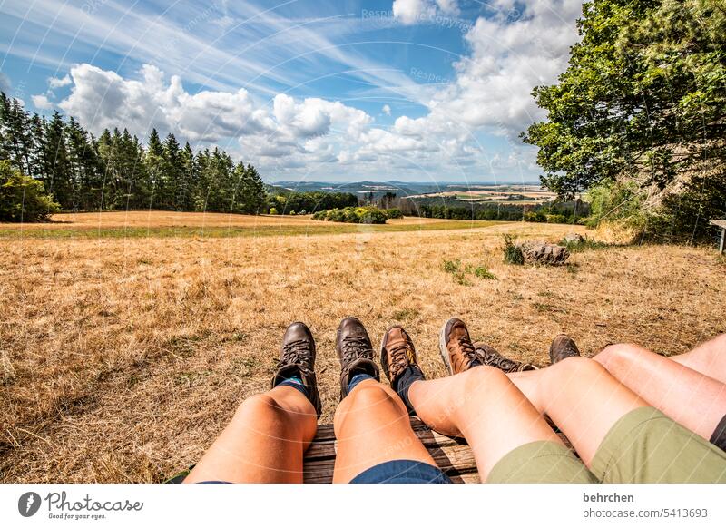 wayfarer Together hikers in common Field Summer Agriculture Nature Landscape Environment idyllically Idyll Colour photo Sky Clouds Legs Family & Relations Bench