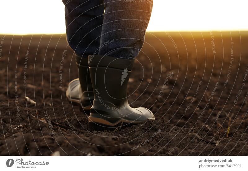 Agriculture. Cropped shot of back view businessman farmer in rubber boots walks along plowed field. Agronomist checking and analyses fertile soil on sunrise. Agribusiness.