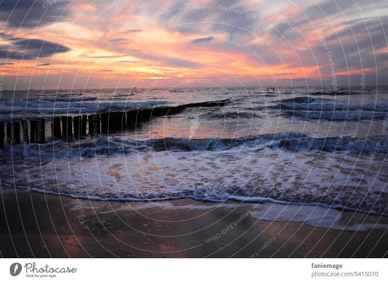 Sonnenuntergang an der Nordsee mit schöner Wolkenformation Strand Cadzand Holland Niederlande warme Farben Meer Wellen Wellengang Wellenlinie Polder Strandfoto