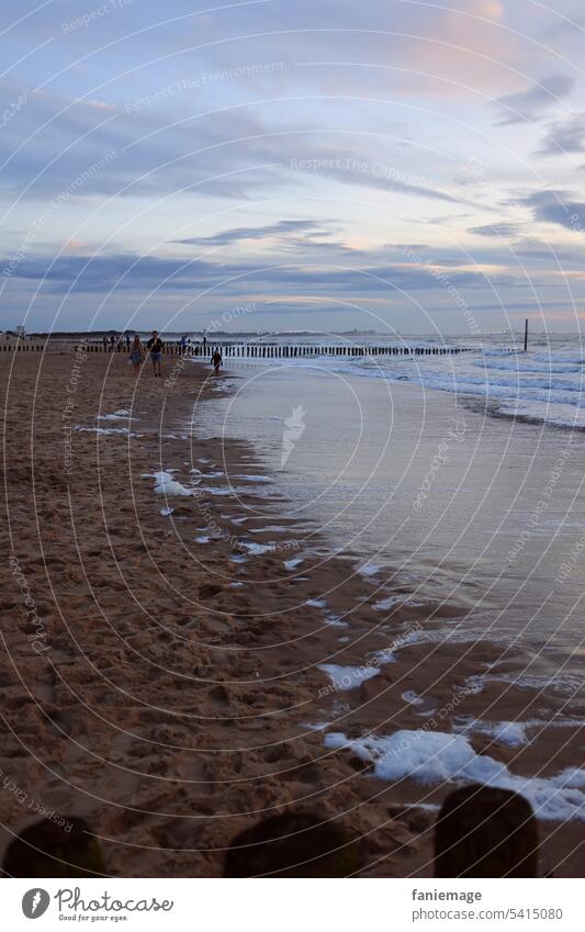 Wellenlinie mit Schaumkrönchen am Strand von Cadzand, Holland, während der blauen Stunde Schaumkrone Sonnenuntergang blaue Stunde Niederlande Sommerfoto kühl
