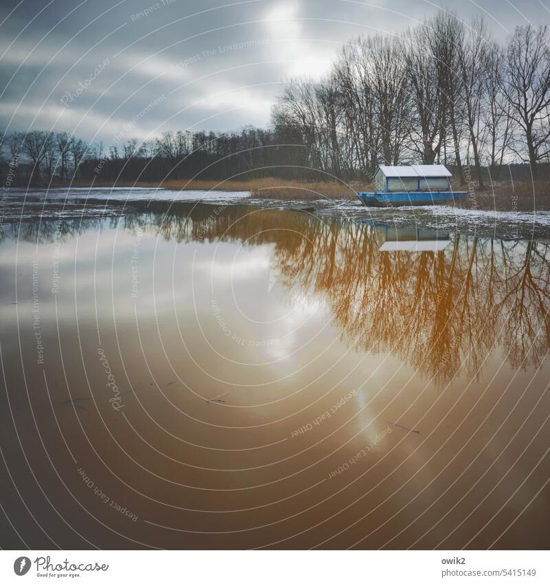 hibernate Surface of water Houseboat Lake wide Nature out Clouds Calm Landscape Environment Sunlight Day Colour photo Mirror image Beautiful weather Horizon