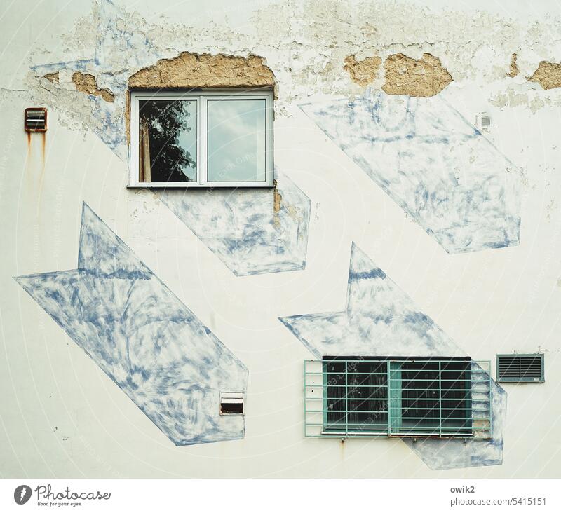 masonry House (Residential Structure) Building Window Facade Old Town Exterior shot Architecture Wall (building) Design Arrow Bleached Deserted Gloomy Old town