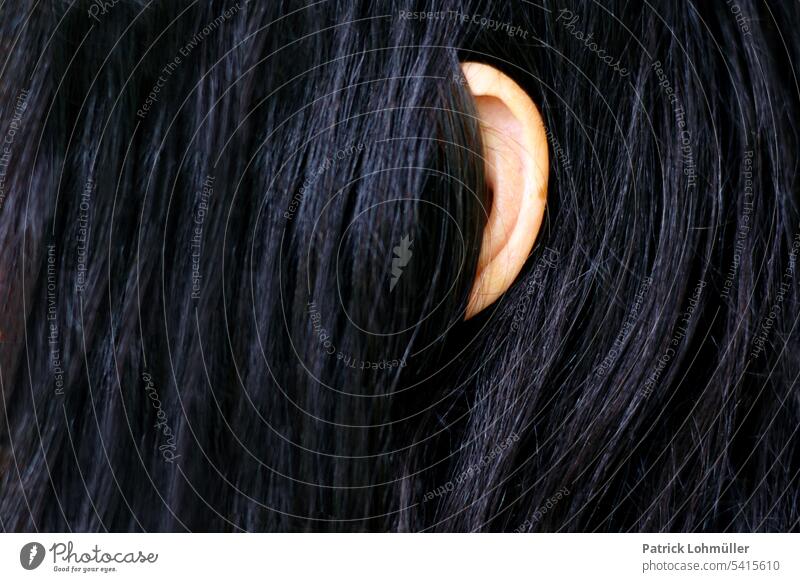Eavesdropper Woman feminine hair Ear Head detail Listening Detail Black tight wisps hairstyle Semicircle Hearing Hearing loss Feminine Adults