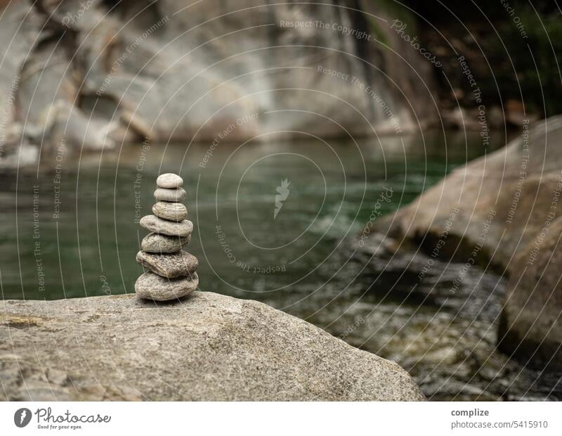 Cairns in the Verzasca Valley Valle Verzasca stones Tower Rock Water River Rocky gorge Switzerland Ticino balance outdoor Hiking Alps tranquillity Wellness
