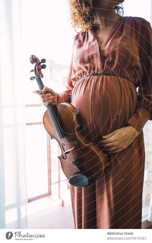 Young smiling woman with violin pregnant musician young motherhood elegant room window instrument cheerful art sound playing performance female melody violinist