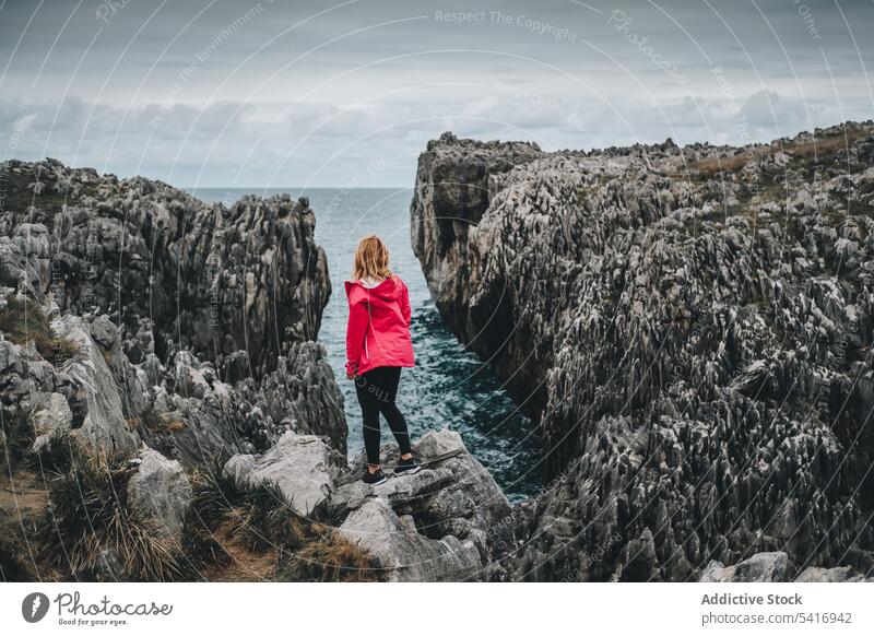 Female standing on cliff and contemplating woman gorge rocky sea landscape travel tourism hiking nature female adult person sportive active lifestyle enjoying