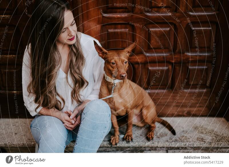 Woman with purebred dog on stone porch woman style street together pet beautiful friend animal dream expression companion love owner mammal pavement canine