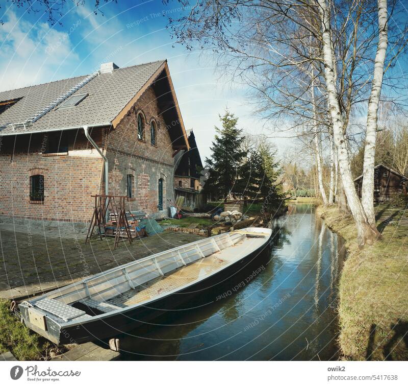 branch spreewald barge bank Channel out Environment Motor barge Tradition Watercraft River flow Spree reflection rural Sky Clouds Wood Real estate