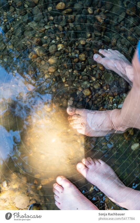 A man and a woman stand barefoot in a stream. Top view. Barefoot Brook Water Man Woman Summer cooling Wet Legs Swimming & Bathing Vacation & Travel Refreshment