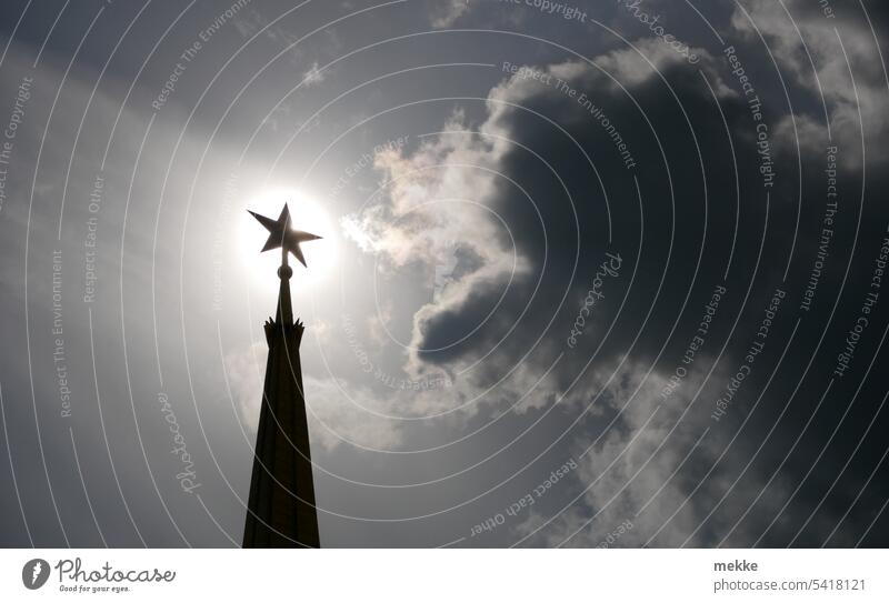 Threatening shadow of the red star Stars soviet star Soviet Union Shadow Sun symbol Back-light Sky Silhouette Summer Light Clouds Sunlight Tower Spire Point