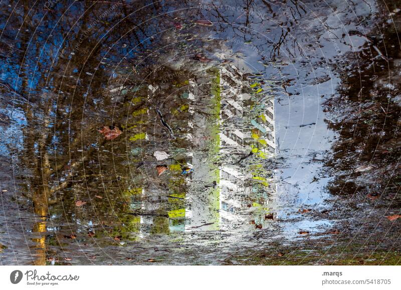 High rise in puddle Reflection High-rise Apartment house dwell Real estate market Building Cloudless sky Tree Perspective Puddle Architecture Abstract